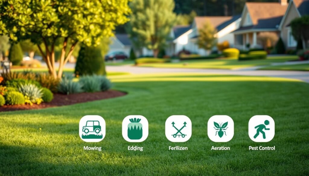 A lush, well-manicured lawn with various lawn care service options showcased in the foreground. A suburban neighborhood with neatly trimmed houses and vibrant greenery in the background, bathed in warm, natural lighting. The services depicted include mowing, edging, fertilizing, aeration, and pest control, each represented by appropriate icons or small vignettes. The composition emphasizes the importance of a professional, comprehensive lawn care approach, conveying a sense of pride and well-maintained outdoor spaces.