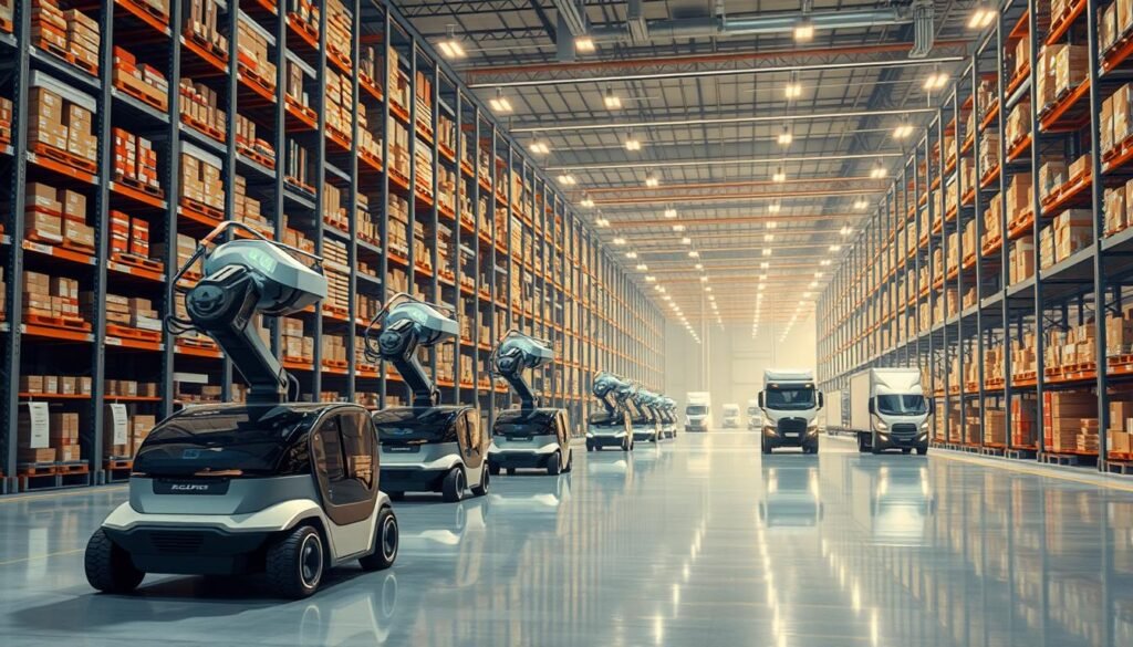 A massive, futuristic warehouse with rows of towering shelves and automated robotic arms swiftly retrieving and sorting products. The scene is bathed in a warm, diffused light, creating a sense of efficiency and technological sophistication. In the foreground, a group of autonomous carts glide silently across the polished floor, while in the background, a network of conveyor belts whir with activity, transporting packages to be loaded onto delivery trucks. The overall atmosphere conveys the innovative and streamlined nature of modern fulfillment systems, perfectly capturing the essence of "Innovations in Logistics and Delivery".