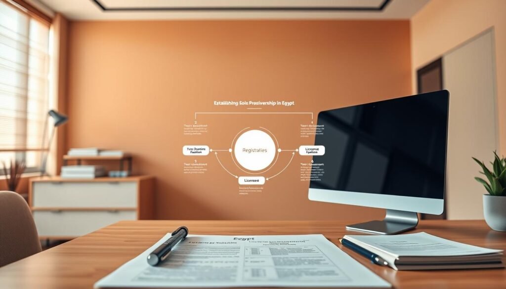 A meticulously crafted blueprint for establishing a sole proprietorship in Egypt, with a refined minimalist aesthetic. A sleek, modern office space in warm, muted tones serves as the backdrop, featuring clean lines, subtle textures, and a sense of organizational harmony. In the foreground, a desktop computer, a stack of official documents, and a pen symbolize the practical steps involved in the registration process. The middle ground showcases a diagram outlining the key milestones, from business registration to licensing and tax compliance, presented in a clear, infographic-style layout. Subtle lighting and a refined color palette lend an air of professionalism and attention to detail, perfectly capturing the essence of establishing a successful sole proprietorship in Egypt.