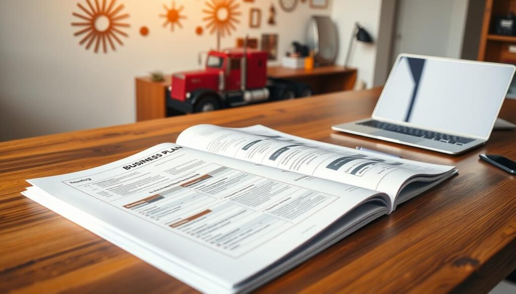 A meticulously designed business plan on a sturdy wooden desk, illuminated by warm, natural lighting. The plan's pages are filled with detailed financial projections, operational strategies, and market analysis - the essential blueprint for a thriving trucking enterprise. In the background, a minimalist wall decor showcases the entrepreneurial spirit, while a sleek laptop and a well-organized workspace create a professional, goal-oriented atmosphere. This image captures the thoughtful preparation and strategic vision required to establish a successful trucking business.