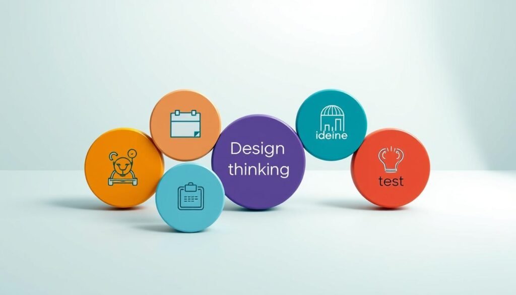A meticulously designed, highly detailed illustration showcasing the five stages of the design thinking process. In the foreground, five distinct icons represent the core steps: empathize, define, ideate, prototype, and test. The icons are arranged in a circular format, with clean lines and vibrant colors. The middle ground features a lush, minimalist background with subtle geometric patterns, providing a clean and modern visual aesthetic. The lighting is soft and evenly distributed, creating a sense of depth and emphasis on the primary elements. The overall composition is balanced, with a harmonious and professional tone that accurately reflects the subject matter of the "Design Thinking: A Guide to Creative Problem Solving" article. A meticulously designed, highly detailed illustration showcasing the five stages of the design thinking process. In the foreground, five distinct icons represent the core steps: empathize, define, ideate, prototype, and test. The icons are arranged in a circular format, with clean lines and vibrant colors. The middle ground features a lush, minimalist background with subtle geometric patterns, providing a clean and modern visual aesthetic. The lighting is soft and evenly distributed, creating a sense of depth and emphasis on the primary elements. The overall composition is balanced, with a harmonious and professional tone that accurately reflects the subject matter of the "Design Thinking: A Guide to Creative Problem Solving" article.