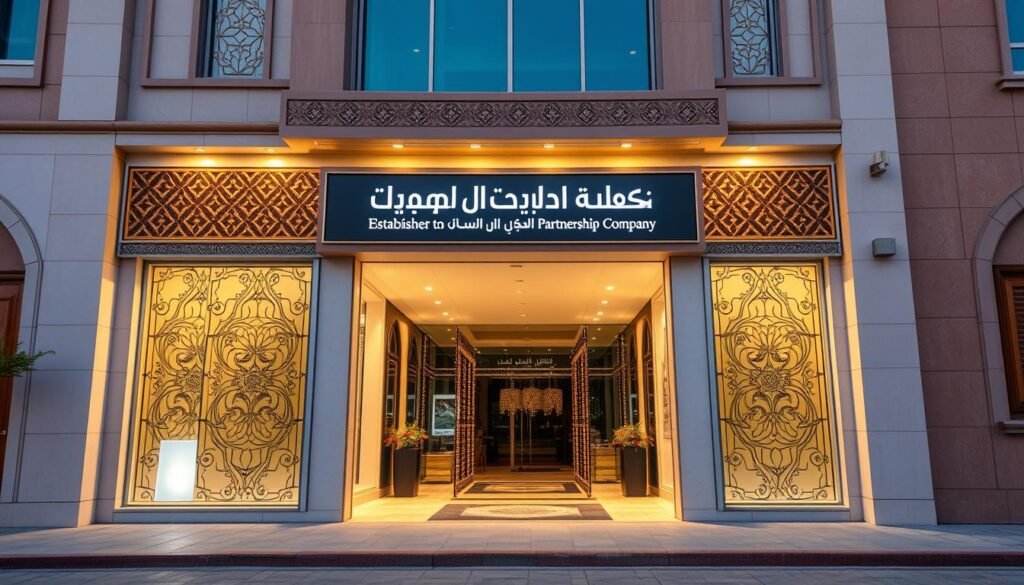 A meticulously designed storefront showcasing the establishment of a partnership company in the United Arab Emirates. The facade features a striking blend of traditional Emirati architectural elements and modern, sleek design. Warm, ambient lighting illuminates the entrance, creating an inviting atmosphere. The scene is captured from a slightly elevated angle, providing a comprehensive view of the establishment's signage, intricate patterns, and ornamental details that convey a sense of professionalism and attention to tradition. The overall composition exudes a harmonious balance between the old and the new, reflecting the essence of the partnership company's formation process.