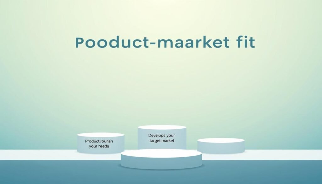 A minimalist, clean-lined illustration depicting the six key steps to achieve product-market fit. The foreground shows a series of ascending platforms, each labeled with one of the steps: 1) Identify your target market, 2) Develop a product that meets their needs, 3) Validate your product-market fit hypothesis, 4) Optimize and iterate on your product, 5) Analyze user feedback and metrics, 6) Scale your successful product. The background features a soft, gradient sky in calming tones of blue and green, conveying a sense of progress and growth. The lighting is even and diffused, creating a professional, instructional feel. The composition is balanced and orderly, reflecting the systematic approach to finding product-market fit. A minimalist, clean-lined illustration depicting the six key steps to achieve product-market fit. The foreground shows a series of ascending platforms, each labeled with one of the steps: 1) Identify your target market, 2) Develop a product that meets their needs, 3) Validate your product-market fit hypothesis, 4) Optimize and iterate on your product, 5) Analyze user feedback and metrics, 6) Scale your successful product. The background features a soft, gradient sky in calming tones of blue and green, conveying a sense of progress and growth. The lighting is even and diffused, creating a professional, instructional feel. The composition is balanced and orderly, reflecting the systematic approach to finding product-market fit.