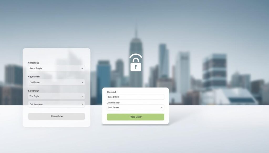 A modern, minimalist checkout interface with clean lines and subtle gradients. The foreground features a streamlined checkout form with intuitive input fields and a prominent "Place Order" button. The middle ground showcases a secure payment gateway with subtle lock icons and a calming color palette. In the background, a blurred cityscape with skyscrapers and a hint of natural light creates a sense of professionalism and trust. The overall mood is one of efficiency, simplicity, and assurance, reflecting an optimized checkout experience.
