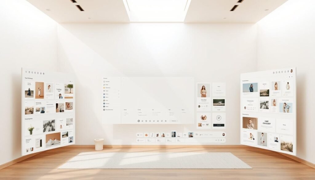 A modern, minimalist design platform interface with a clean, airy aesthetic. The foreground features a central workspace with a simple grid layout, sleek UI elements, and intuitive controls. The middle ground showcases an array of customizable templates, icons, and design tools. The background sets a serene tone with soft, neutral tones and subtle textures, creating a distraction-free environment for focused creativity. Lighting is natural and diffused, with a soft, warm glow that enhances the platform's user-friendly appeal. The overall composition conveys a sense of effortless productivity and inspiration, ideal for guiding users through the process of designing engaging stories.