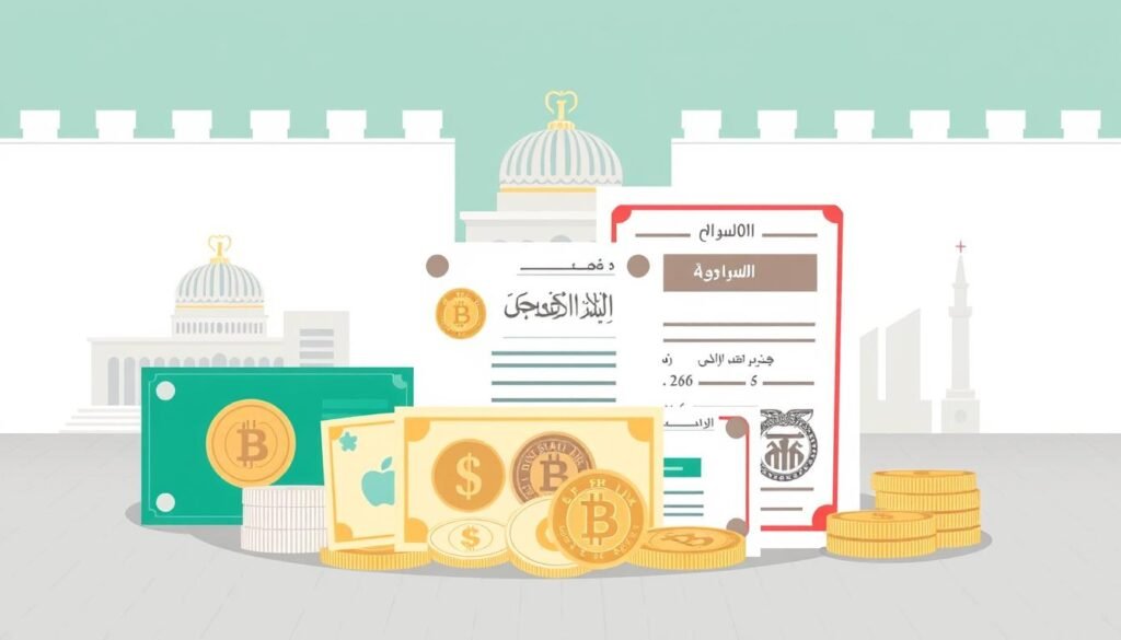 A modern, minimalist illustration depicting the key financial requirements and government fees involved in establishing a company in Saudi Arabia. A clean, stylized composition showcasing an array of currencies, official seals, and regulatory documents in the foreground, set against a backdrop of architectural elements and a subtly patterned surface. The image should convey a sense of precision, structure, and professionalism, reflecting the serious nature of the business setup process.