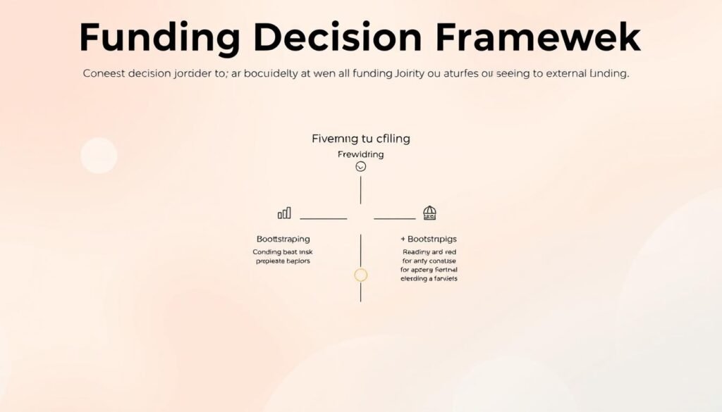 A modern, minimalist illustration of a "funding decision framework" against a soft, pastel-toned background. In the foreground, a clean diagram with simple geometric shapes and concise labels outlining the key factors to consider when deciding between bootstrapping or seeking external funding. The middle ground features subtle icons or infographic elements to visually reinforce the concepts. The background has a slightly blurred, atmospheric quality, creating a sense of focus on the central framework. The overall aesthetic is professional, polished, and easy to comprehend, suitable for inclusion in a business article.