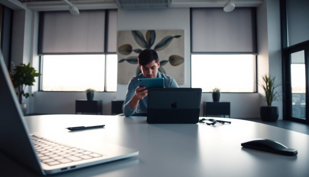 A modern, minimalist office interior with large windows providing natural light. In the foreground, a sleek, personalized desk setup with a laptop, tablet, and stylus, all arranged in an ergonomic and aesthetically pleasing manner. The middle ground features a user casually interacting with the tablet, their face partially obscured to maintain privacy. In the background, a large, abstract wall art piece complements the space, creating a sense of personalized style. The lighting is soft and diffused, casting a warm, inviting glow throughout the scene. The overall mood is one of productivity, comfort, and a tailored user experience.