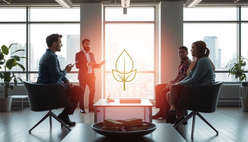 A modern, minimalist startup office with sleek furniture and natural lighting. In the foreground, a young entrepreneur pitches their innovative product to a group of investors. The middle ground features a stylized visual representation of a seed, symbolizing the early stage of funding. The background showcases the cityscape through large windows, conveying a sense of growth and opportunity. The overall mood is one of optimism, ambition, and the excitement of a new venture.