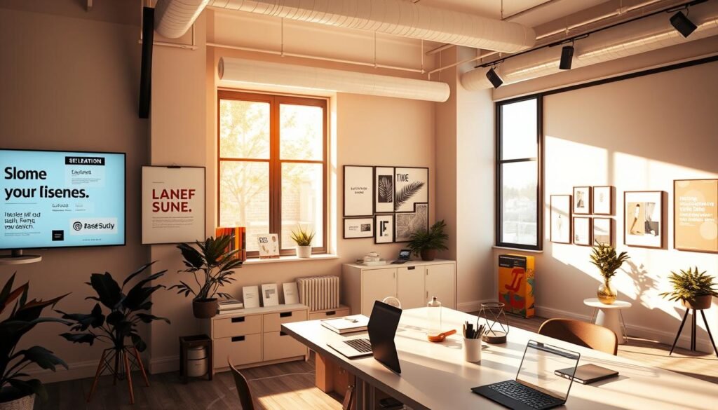 A modern office interior with various brand messaging examples displayed on the walls. The scene is bathed in warm, natural lighting from large windows, creating a bright and inviting atmosphere. In the foreground, there are inspirational posters, mood boards, and digital screens showcasing different brand slogans, logos, and visual identity elements. The middle ground features a clean, minimalist desk with a laptop and various office supplies, while the background showcases a minimalist gallery wall with framed brand assets and case studies. The overall mood is one of creativity, professionalism, and a focus on effective brand communication.