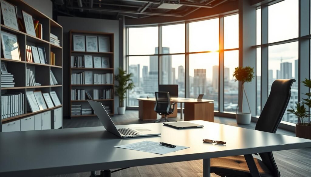 A modern, professional engineering consultancy office interior. The foreground showcases a sleek, minimalist desk with a laptop, pen, and ergonomic chair. The middle ground features bookshelves filled with technical manuals and design references, alongside framed engineering schematics and certificates on the walls. The background depicts floor-to-ceiling windows overlooking a cityscape, flooding the space with natural light. The overall atmosphere conveys a sense of expertise, productivity, and a commitment to excellence in engineering consultancy services. The lighting is soft and warm, creating a welcoming and inspiring environment.