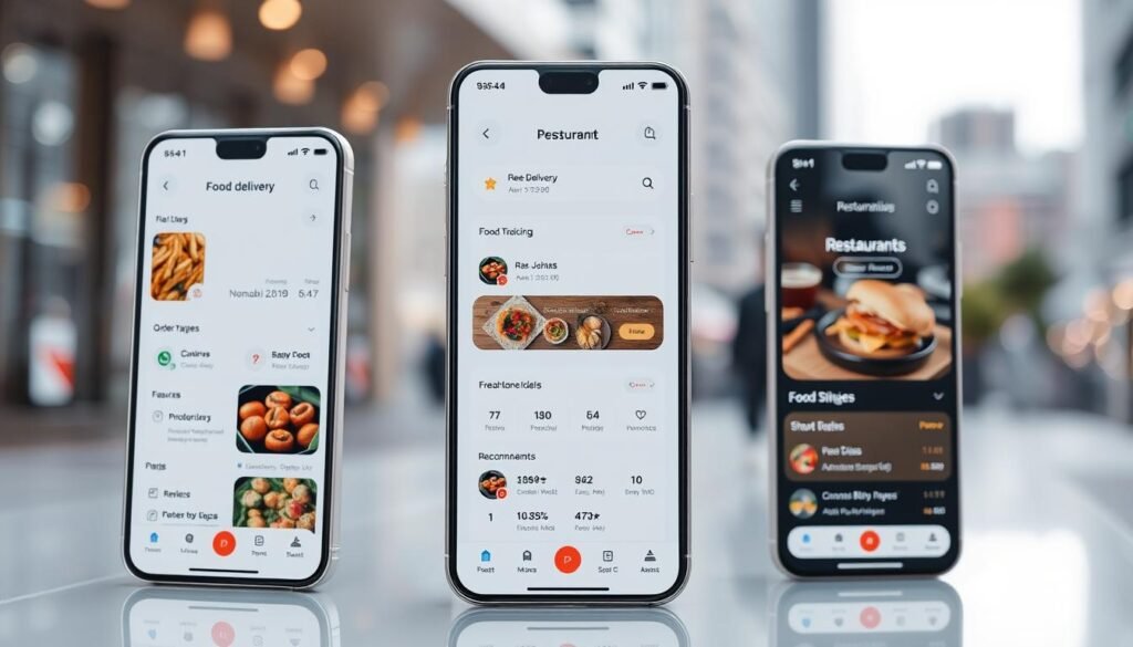 A modern, sleek mobile app interface with a clean, minimalist design. The foreground features a collection of intuitive app features, including a food delivery order tracking system, a restaurant review section, and a personalized recommendations algorithm. The middle ground showcases smooth transitions between app screens, highlighting the seamless user experience. The background is a blurred cityscape, suggesting the app's urban, on-the-go functionality. The lighting is soft and diffused, creating a sense of sophistication and technological innovation. The camera angle is slightly elevated, providing an overview of the app's capabilities and creating a sense of professionalism and authority.