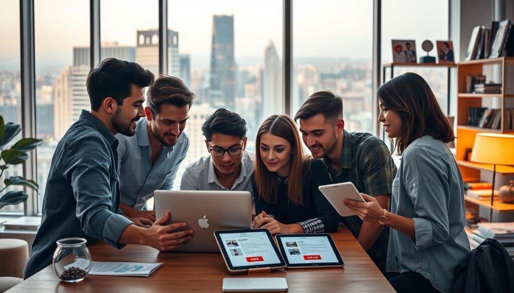 A modern, sleek startup office with a large window overlooking a bustling city skyline. In the foreground, a team of young professionals huddled around a laptop, intensely discussing email marketing strategies. Soft, warm lighting illuminates their faces, creating an atmosphere of focused collaboration. The middle ground features various digital devices, including a tablet displaying email templates, and a smartphone with a send button prominently displayed. In the background, shelves filled with books and various startup memorabilia create a sense of a thriving, innovative workspace. The overall scene conveys the excitement and dedication of a startup team optimizing their email marketing campaigns to reach new customers and drive growth.
