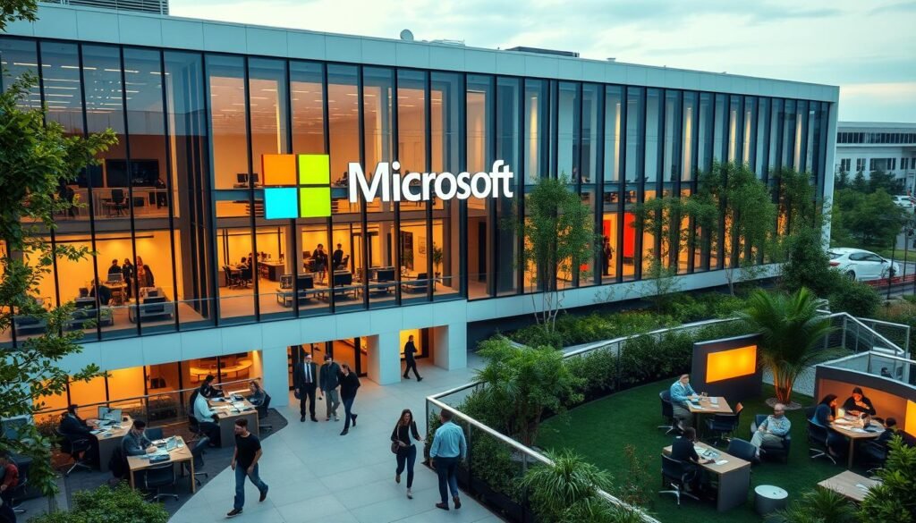 A modern, vibrant corporate campus with sleek, minimalist architecture and lush, meticulously maintained greenery. The Microsoft logo is prominently displayed on the facade, casting a warm glow under soft, diffused lighting. Employees in casual, trendy attire move purposefully through the airy, open-concept spaces, collaborating at communal workstations and gathering in cozy lounge areas. The atmosphere conveys a sense of innovation, creativity, and a relentless drive for excellence - the hallmarks of Microsoft's enduring success and unique organizational culture.