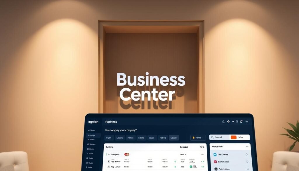 A modern, well-designed business center platform with a clean, minimalist interface. The foreground showcases a sleek, intuitive dashboard allowing users to easily navigate and manage their company setup. The middle ground features a 3D representation of the Business Center logo, prominently displayed against a neutral, warm-toned background. The background subtly incorporates architectural elements, suggesting a professional, corporate atmosphere. Soft, directional lighting casts gentle shadows, creating depth and emphasizing the platform's sophistication. The overall mood is one of efficiency, organization, and digital empowerment for entrepreneurs and business owners.