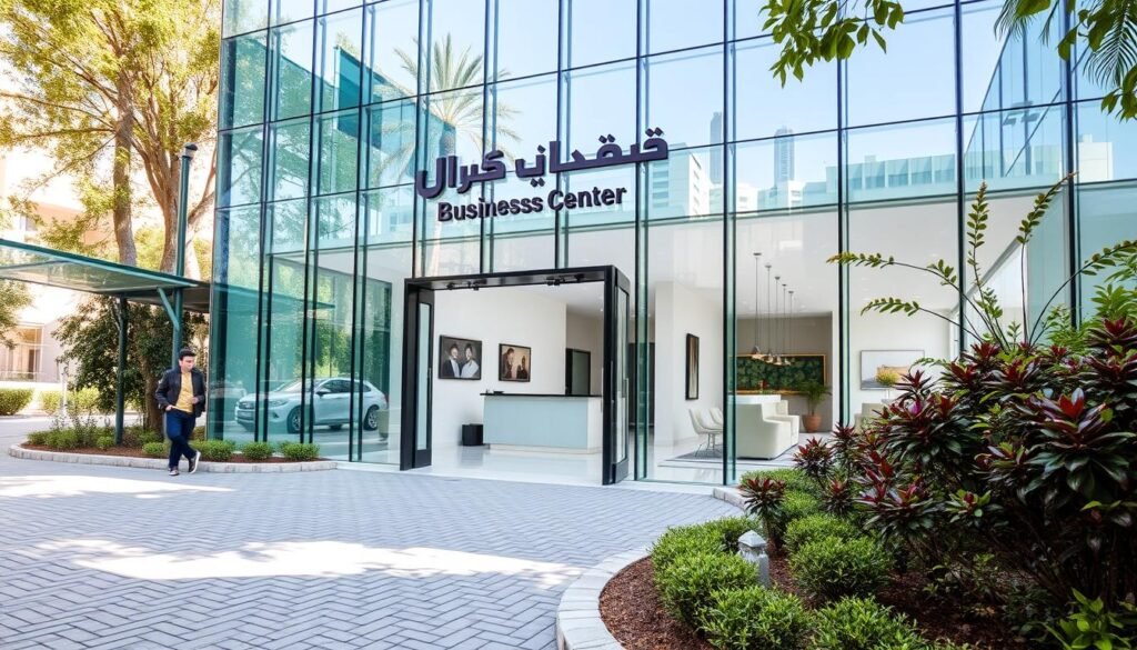 A modern, well-lit business center with a striking glass facade, surrounded by lush greenery and a paved driveway. The entrance features a prominent sign in Arabic script, "منصة مركز الأعمال", welcoming visitors. Inside, the lobby is filled with natural light, showcasing a clean, minimalist design with comfortable seating areas and a sleek reception desk. The space exudes a professional, yet inviting atmosphere, suitable for conducting business meetings and transactions.