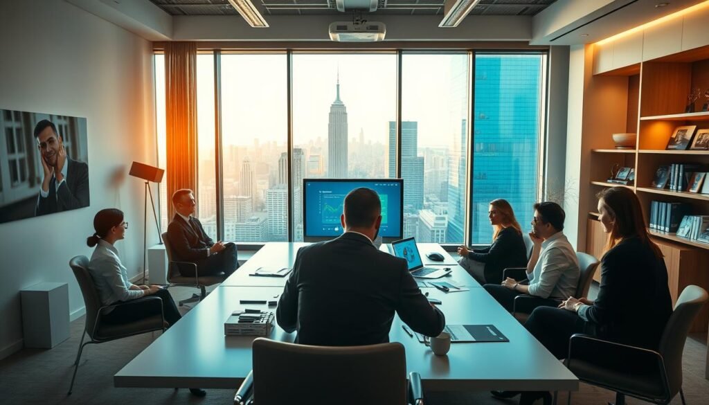 A modern, well-lit office space with sleek furniture and minimalist decor. In the foreground, a team of professionals in business attire are gathered around a large table, engaged in a lively discussion, with laptops, papers, and a projector screen displaying financial data. The middle ground features a large window overlooking a bustling city skyline, bathed in warm, golden light. The background has a sense of depth, with shelves of books and awards, highlighting the expertise and professionalism of the startup's financial planning team. The overall atmosphere conveys a mood of collaboration, strategic planning, and a drive towards success.