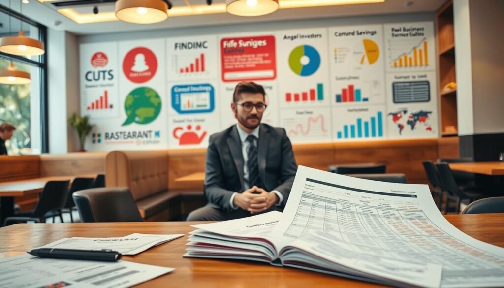 A modern, well-lit restaurant interior with a focus on the various funding options available to aspiring restaurateurs. In the foreground, a table showcases financial documents, loan applications, and a computer displaying a spreadsheet of projected costs and revenue streams. In the middle ground, a financial advisor or banker discusses options with a restaurateur, their expressions conveying thoughtful consideration. The background features an array of colorful charts, graphs, and infographics highlighting different financing avenues, such as small business loans, angel investors, crowdfunding, and personal savings. The overall scene exudes a sense of professionalism, research, and careful planning, setting the stage for a successful restaurant venture.