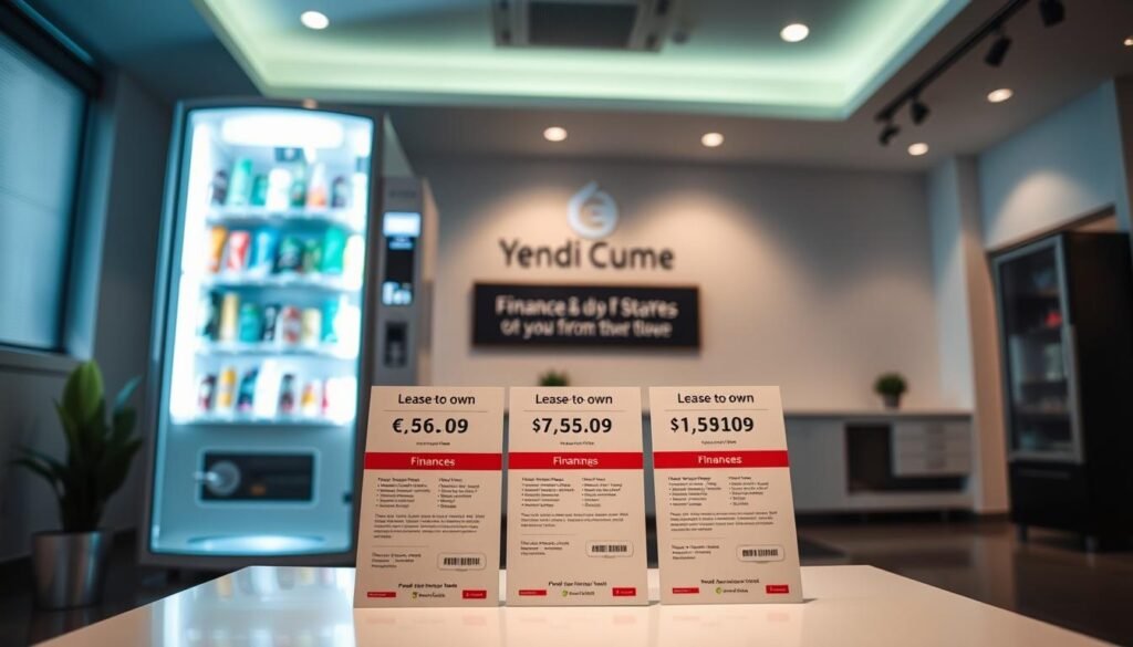 A modern, well-lit vending machine display showcasing various financing options. The machine stands prominently in the foreground, its sleek, chrome exterior reflecting the lighting. In the middle ground, informational cards or pamphlets detail lease-to-own plans, financing terms, and payment methods. The background features a clean, minimalist office setting with subtle branding or signage hinting at a professional vending machine business. The overall mood is one of professionalism, transparency, and accessibility, inviting potential customers to explore the financing options for starting their own vending machine venture.