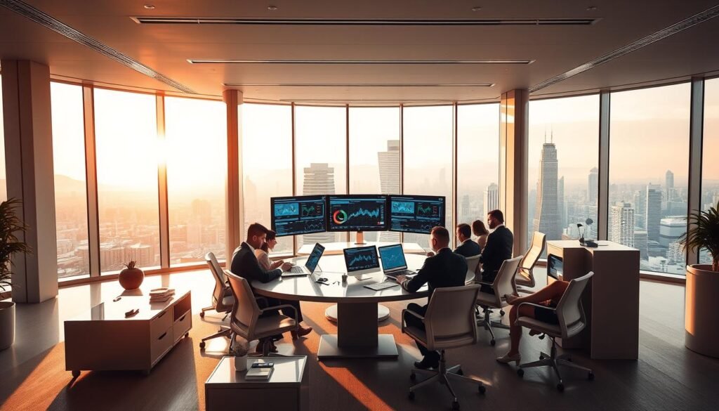A modern, well-organized consulting office with sleek, minimalist furniture and high-tech equipment. A team of professionals in business attire collaborating at a large conference table, analyzing data on multiple screens. The space is bathed in warm, natural lighting filtering through floor-to-ceiling windows overlooking a bustling city skyline. The atmosphere conveys a sense of efficiency, productivity, and strategic problem-solving. Capturing the essence of a thriving consulting business operations center. A modern, well-organized consulting office with sleek, minimalist furniture and high-tech equipment. A team of professionals in business attire collaborating at a large conference table, analyzing data on multiple screens. The space is bathed in warm, natural lighting filtering through floor-to-ceiling windows overlooking a bustling city skyline. The atmosphere conveys a sense of efficiency, productivity, and strategic problem-solving. Capturing the essence of a thriving consulting business operations center.