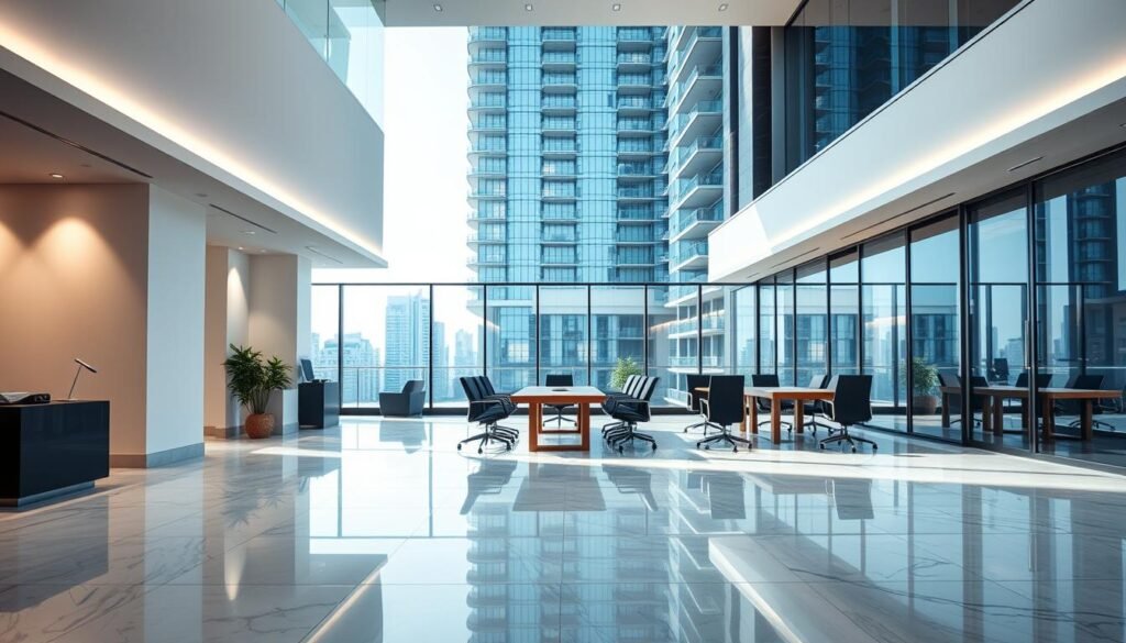 A modern, well-structured business with a sleek and professional appearance. In the foreground, a minimalist office lobby with high-ceilings, polished marble floors, and clean lines. In the middle ground, a glass-walled conference room with a long wooden table and ergonomic chairs. In the background, a multi-story building with a steel and glass facade, creating an impressive skyline. Soft, directional lighting illuminates the scene, casting subtle shadows and highlights. The overall atmosphere is one of sophistication, efficiency, and attention to detail - reflecting the legal and administrative requirements of a successful property management company. A modern, well-structured business with a sleek and professional appearance. In the foreground, a minimalist office lobby with high-ceilings, polished marble floors, and clean lines. In the middle ground, a glass-walled conference room with a long wooden table and ergonomic chairs. In the background, a multi-story building with a steel and glass facade, creating an impressive skyline. Soft, directional lighting illuminates the scene, casting subtle shadows and highlights. The overall atmosphere is one of sophistication, efficiency, and attention to detail - reflecting the legal and administrative requirements of a successful property management company.