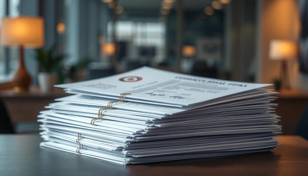 A neatly organized stack of business documents and forms, including official stamps, seals, and signatures, against a subtly blurred backdrop of a modern office setting. Warm, diffused lighting creates a professional atmosphere, casting soft shadows and highlights on the paperwork. The arrangement conveys a sense of order, attention to detail, and the necessary formalities required for establishing a company in Egypt. The overall composition emphasizes the importance and centrality of these foundational documents in the process of setting up a new business.