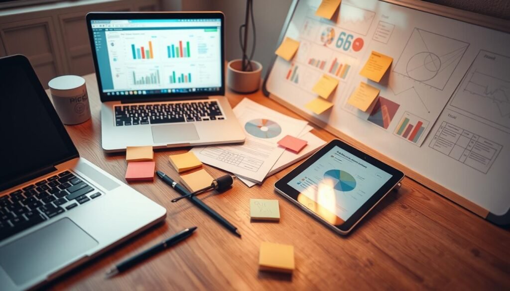 A neatly organized workspace with an array of positioning analysis tools, including a laptop, a tablet, sticky notes, and a whiteboard with charts and diagrams. The tools are arranged in a visually appealing and functional manner, reflecting the user's attention to detail and analytical approach. The lighting is soft and warm, creating a productive and focused atmosphere. The angle of the shot captures the tools from a slightly elevated perspective, highlighting their importance and the user's engagement with the task at hand.