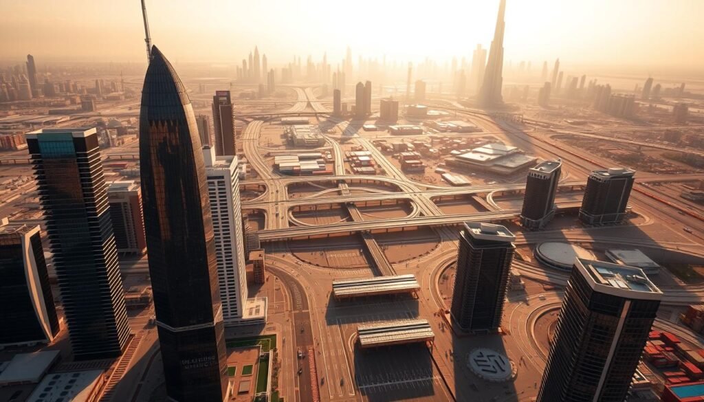 A panoramic aerial view of Dubai's free trade zones, bathed in warm, golden sunlight. In the foreground, sleek, modern skyscrapers and office complexes stand tall, their glass facades reflecting the city's vibrant energy. Middle ground reveals a network of well-organized infrastructure, with roads, bridges, and bustling logistics hubs. The background showcases Dubai's iconic skyline, including the Burj Khalifa, the world's tallest building, standing as a testament to the city's ambition and progress. The scene conveys a sense of productivity, efficiency, and the economic opportunities presented by Dubai's thriving free trade zones.