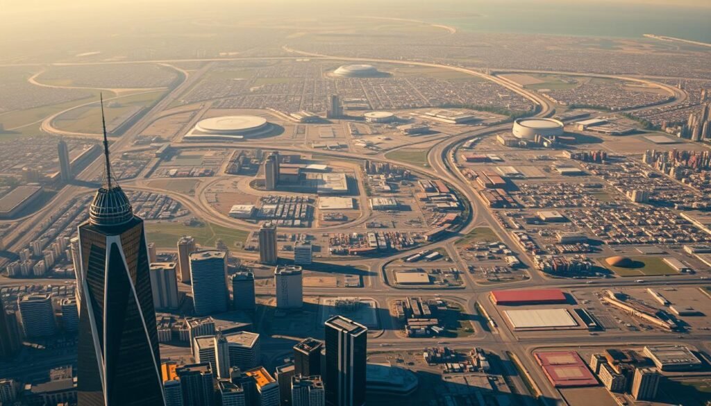 A panoramic aerial view of the global expansion of a major multinational corporation, showcasing its worldwide operations and extensive market reach. In the foreground, a towering modern headquarters building stands amid a bustling urban landscape, its sleek design and towering presence symbolizing the company's dominance. In the middle ground, a network of satellite offices, distribution centers, and manufacturing facilities are visible, interconnected by a web of transportation routes. The background depicts a diverse array of landscapes, from dense metropolitan areas to sprawling rural regions, all united under the company's global footprint. The scene is bathed in warm, golden light, conveying a sense of prosperity and growth. Emphasis is placed on the scale, complexity, and coordinated nature of the corporation's worldwide expansion.