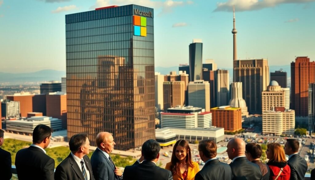 A panoramic view of Microsoft's corporate headquarters, set against a backdrop of towering skyscrapers and a vibrant, bustling cityscape. The main building, a modern glass-and-steel structure, stands tall and imposing, its logo prominently displayed. In the foreground, a group of well-dressed professionals are engaged in deep discussion, their expressions reflecting the company's drive and ambition. The lighting is warm and inviting, casting a soft glow over the scene, while the overall composition conveys a sense of power, innovation, and the company's transformation from a start-up to a global technology giant.