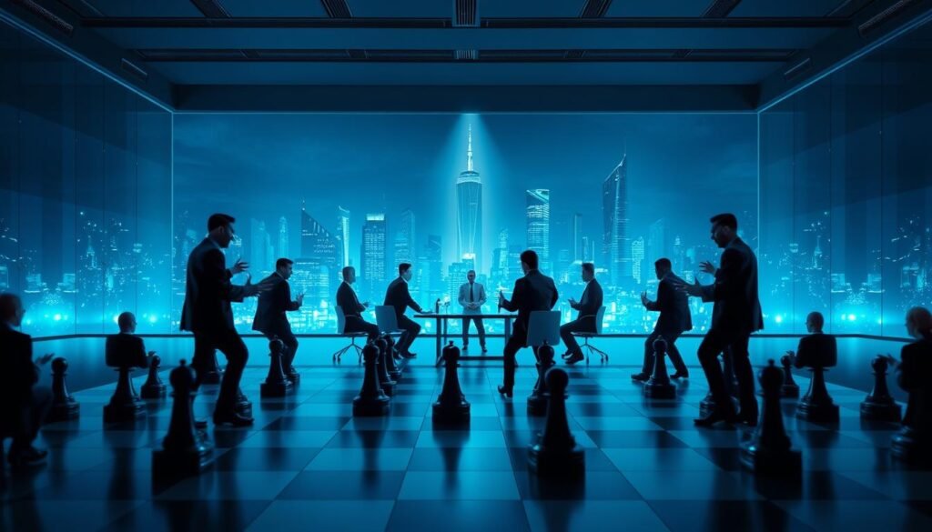 A panoramic view of a corporate strategy battlefield, with executives in sharp suits engaged in a fierce competitive positioning dance. In the foreground, a chessboard-like grid represents the competitive landscape, with each player's moves carefully calculated. The middle ground features a meeting room table, where strategy is hashed out under the glow of a single spotlight. In the background, a sleek, modern skyline serves as the backdrop, hinting at the high-stakes world of business. The scene is bathed in cool, blue-tinted lighting, creating a sense of intensity and focus. The overall atmosphere conveys the strategic maneuvering and determination required to gain a competitive edge. A panoramic view of a corporate strategy battlefield, with executives in sharp suits engaged in a fierce competitive positioning dance. In the foreground, a chessboard-like grid represents the competitive landscape, with each player's moves carefully calculated. The middle ground features a meeting room table, where strategy is hashed out under the glow of a single spotlight. In the background, a sleek, modern skyline serves as the backdrop, hinting at the high-stakes world of business. The scene is bathed in cool, blue-tinted lighting, creating a sense of intensity and focus. The overall atmosphere conveys the strategic maneuvering and determination required to gain a competitive edge.