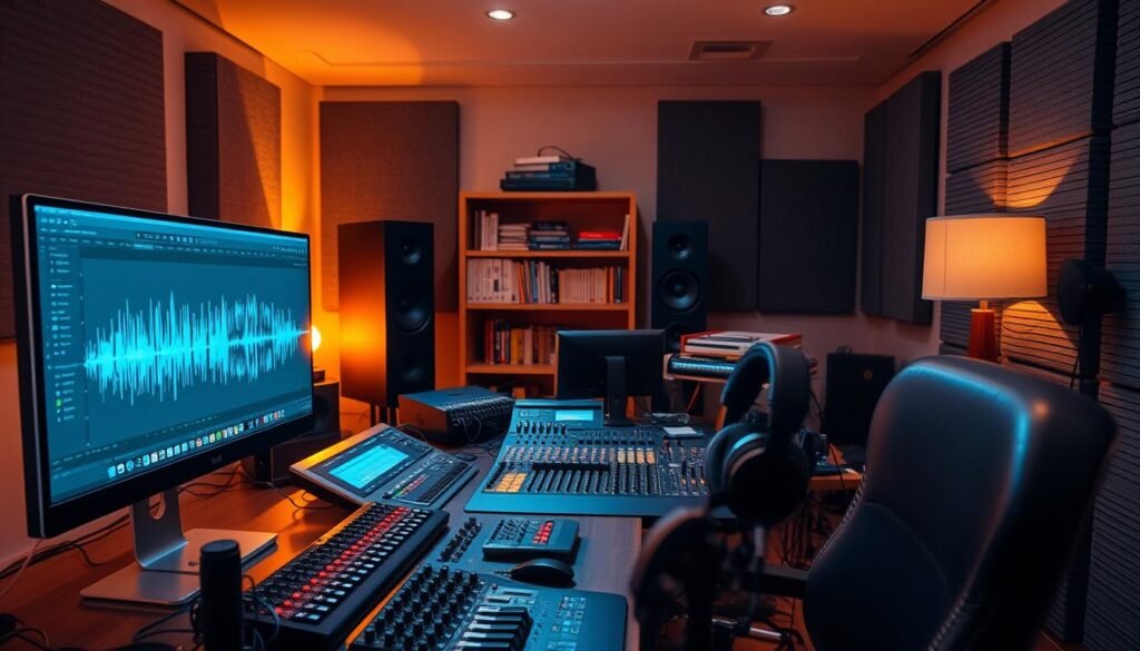A professional audio engineer's workstation, illuminated by warm, focused lighting. In the foreground, a sleek computer monitor displays waveforms and audio editing software, while a high-quality microphone and headphones sit nearby, ready for fine-tuning. The middle ground features an array of audio equipment, including a mixing console, outboard effects units, and cables neatly organized. In the background, a bookshelf with reference materials and sound-dampening panels create a cozy, acoustically-treated studio environment. A professional audio engineer's workstation, illuminated by warm, focused lighting. In the foreground, a sleek computer monitor displays waveforms and audio editing software, while a high-quality microphone and headphones sit nearby, ready for fine-tuning. The middle ground features an array of audio equipment, including a mixing console, outboard effects units, and cables neatly organized. In the background, a bookshelf with reference materials and sound-dampening panels create a cozy, acoustically-treated studio environment.