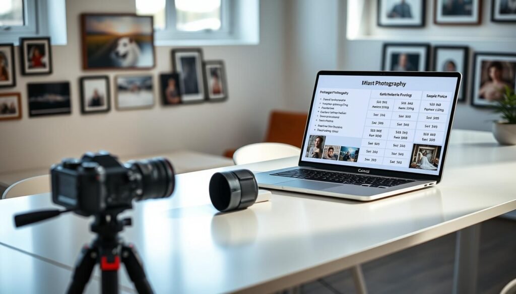 A professional photographer's studio, softly lit with natural light filtering through large windows. On a sleek, minimalist desk, a laptop displays various photography pricing options and packages, accompanied by sample images showcasing the photographer's work. In the foreground, a camera and lens sit atop a tripod, reflecting the photographer's attention to detail and technical expertise. The background features a wall with framed photographs, subtly highlighting the quality and range of the photographer's portfolio. The overall atmosphere conveys a sense of expertise, professionalism, and a deep understanding of the photography industry's pricing strategies. A professional photographer's studio, softly lit with natural light filtering through large windows. On a sleek, minimalist desk, a laptop displays various photography pricing options and packages, accompanied by sample images showcasing the photographer's work. In the foreground, a camera and lens sit atop a tripod, reflecting the photographer's attention to detail and technical expertise. The background features a wall with framed photographs, subtly highlighting the quality and range of the photographer's portfolio. The overall atmosphere conveys a sense of expertise, professionalism, and a deep understanding of the photography industry's pricing strategies.