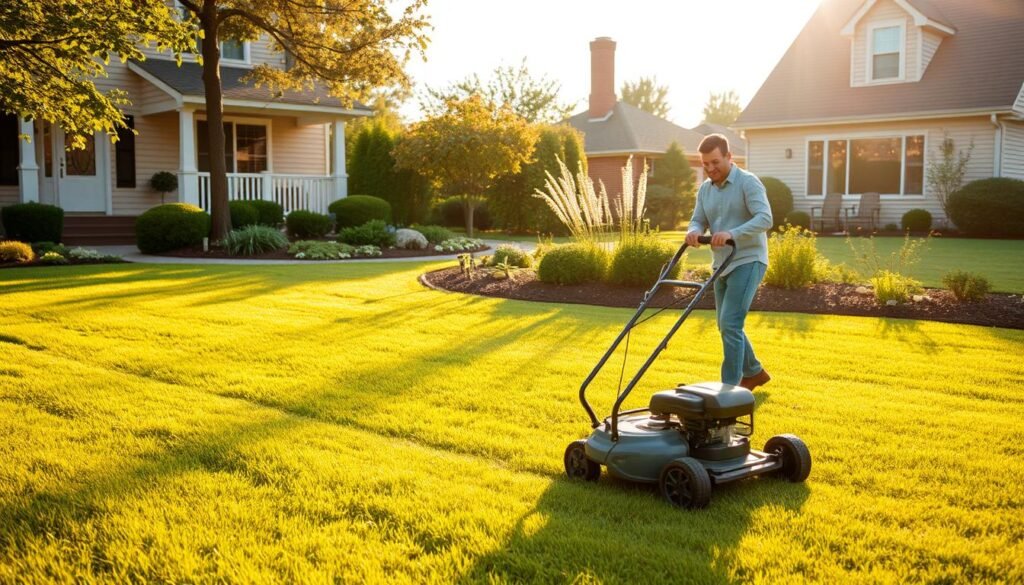 A serene suburban lawn, meticulously manicured, with a homeowner happily mowing the grass. In the background, a well-kept garden and a cozy house, suggesting a satisfied customer. The scene is bathed in warm, golden sunlight, creating a inviting atmosphere. A sense of tranquility and contentment pervades the image, capturing the essence of a loyal, long-term lawn care client.