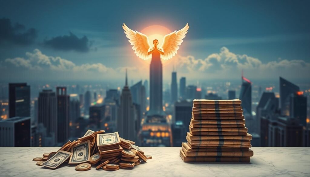 A serene, well-lit scene depicting an angel figure floating above a dynamic, futuristic cityscape. The angel's wings are ethereal and luminous, casting a warm glow across the scene. In the foreground, two contrasting investment piles represent the typical funding amounts for angel investors and venture capitalists. The angel figure symbolizes the guidance and support of angel investing, while the cityscape and investment piles convey the scale and influence of venture capital. The overall atmosphere is one of balance, progress, and the interplay between traditional and emerging forms of investment.