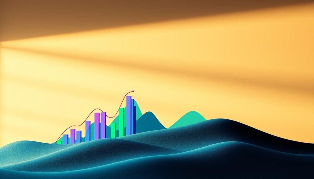 A serene yet dynamic financial landscape. In the foreground, a stylized representation of financial growth, with vibrant graphs and charts ascending against a soft, muted background. The middle ground features abstract geometric shapes in shades of blue and green, symbolizing the interplay of economic forces. The background is a subtly textured gradient, evoking a sense of depth and stability. Warm, directional lighting casts subtle shadows, creating depth and dimensionality. The overall composition conveys a balance between progress, stability, and the forward momentum of a thriving financial ecosystem.