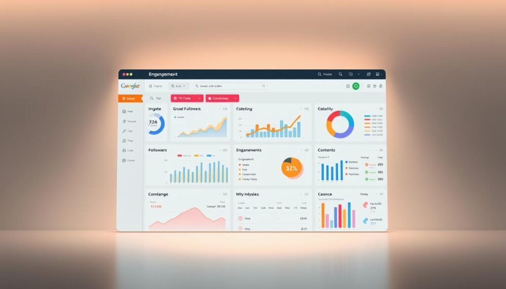 A sleek and modern social media engagement dashboard set against a minimalist, monochrome background. The dashboard features a clean, grid-like layout with colorful charts, graphs, and data visualizations that clearly display key metrics such as follower growth, engagement rates, and content performance. The interface is illuminated by a warm, directional lighting source, casting subtle shadows and highlights that add depth and dimensionality. The overall aesthetic is professional, elegant, and data-driven, conveying a sense of insightful analytics and data-driven decision making.