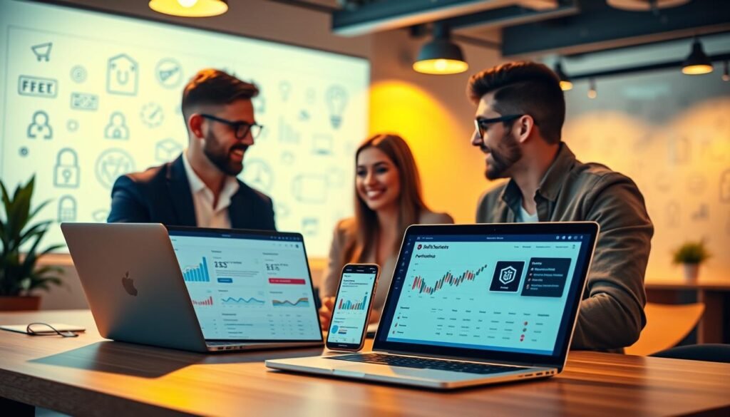 A sleek and modern workspace with a startup-inspired aesthetic. In the foreground, a laptop and smartphone display affiliate marketing dashboards and analytics. In the middle ground, two co-workers discuss partnership opportunities, their expressions animated and collaborative. The background features stylized icons and graphics representing various affiliate channels and platforms. Warm, focused lighting illuminates the scene, creating a sense of productivity and innovation. The overall atmosphere conveys the excitement and potential of affiliate marketing for startups.
