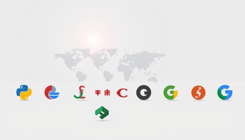 A sleek, minimalist illustration of Google's programming language landscape. In the foreground, a clean grid layout showcases the logos of popular languages like Python, Java, C++, and Go, each radiating a subtle glow. The middle ground features a stylized world map, with regions highlighted to represent Google's global reach and the diverse applications of its technologies. In the background, a soft, radiant gradient in Google's signature colors creates a sense of depth and unity. The overall composition conveys Google's commitment to innovation, cross-platform integration, and technological leadership.
