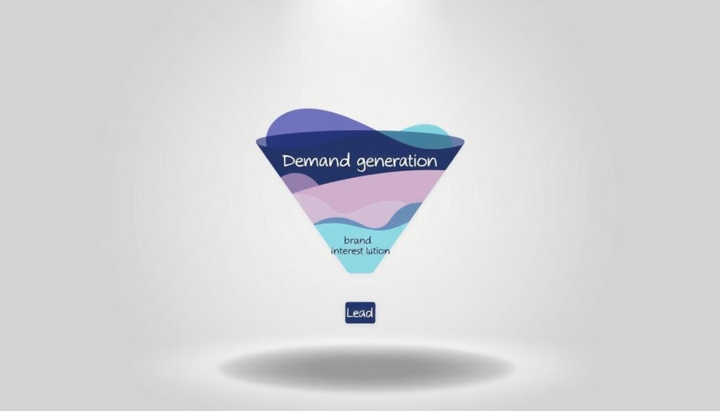 A sleek, minimalist illustration showcasing the key stages of a demand vs lead generation funnel. In the foreground, a stylized funnel shape with two distinct sections - "Demand Generation" and "Lead Generation" - represented by contrasting colors and patterns. The upper "Demand Generation" section is wider, with fluid, organic shapes symbolizing brand awareness and interest capture. The lower "Lead Generation" section narrows, featuring more structured, geometric forms to depict lead qualification and conversion stages. The background is a soft, neutral gradient, allowing the funnel to take center stage. Subtle lighting from the top casts gentle shadows, adding depth and dimension to the design. The overall aesthetic is clean, modern, and visually compelling, perfectly suited to illustrate the conceptual differences between demand and lead generation.