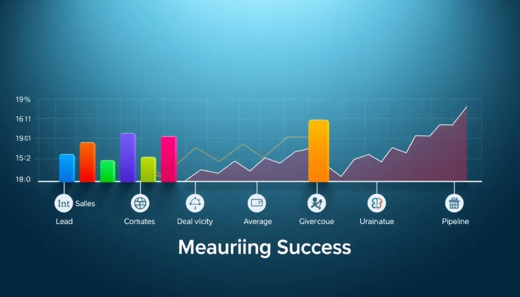 A sleek, minimalist infographic depicting the key performance indicators (KPIs) for a sales pipeline. The foreground features a series of colorful bar charts and line graphs, displaying metrics such as lead conversion rates, deal velocity, average order value, and pipeline value. The middle ground showcases simple icons and visualizations to represent each KPI, while the background features a subtle grid pattern with a soft gradient, creating a sense of depth and professionalism. Lighting is clean and balanced, with a crisp, high-contrast look that emphasizes the data visualization. The overall mood is one of clarity, efficiency, and data-driven decision making, suitable for the "Measuring Success" section of the article.