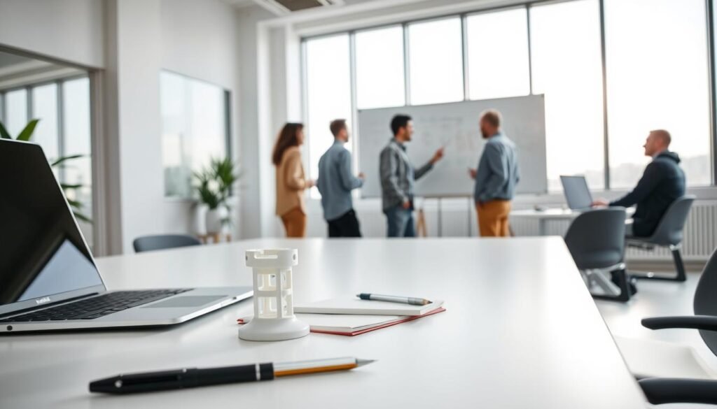 A sleek, minimalist office workspace with a laptop, notebook, and pen on a clean, white desk. In the foreground, a 3D-printed prototype model stands next to a laptop, highlighting the early stage of product development. In the middle ground, a team of engineers in casual attire huddle around a whiteboard, brainstorming and sketching ideas for an MVP (Minimum Viable Product). The background features large windows, allowing natural light to flood the room, creating a sense of openness and collaboration. The overall scene conveys the iterative process of transitioning from a simple prototype to a more polished, functional MVP. A sleek, minimalist office workspace with a laptop, notebook, and pen on a clean, white desk. In the foreground, a 3D-printed prototype model stands next to a laptop, highlighting the early stage of product development. In the middle ground, a team of engineers in casual attire huddle around a whiteboard, brainstorming and sketching ideas for an MVP (Minimum Viable Product). The background features large windows, allowing natural light to flood the room, creating a sense of openness and collaboration. The overall scene conveys the iterative process of transitioning from a simple prototype to a more polished, functional MVP.