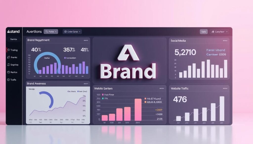 A sleek, modern dashboard showcasing key brand awareness metrics. In the foreground, a series of infographic-style visualizations display data on brand recognition, brand sentiment, social media engagement, and website traffic. The dashboard is rendered in a minimalist, high-contrast style with clean typography and well-organized data panels. The middle ground features a large, striking brand logo rendered in 3D, serving as the centerpiece. The background is a soft, blurred gradient in complementary brand colors, creating a professional, polished atmosphere. The overall composition conveys a sense of data-driven insights and effective brand management.