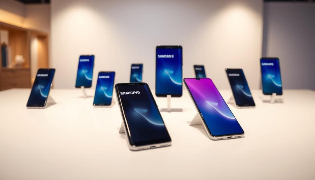 A sleek, modern display of Samsung Galaxy smartphones in a minimalist, well-lit setting. The devices are arranged in a visually appealing layout, showcasing their cutting-edge design and advanced features. The scene is captured with a shallow depth of field, allowing the smartphones to stand out against a softly blurred background. Warm, natural lighting illuminates the devices, highlighting their vibrant colors and premium finishes. The overall composition conveys a sense of elegance, innovation, and the brand's ascent to the pinnacle of the smartphone industry in the 21st century.