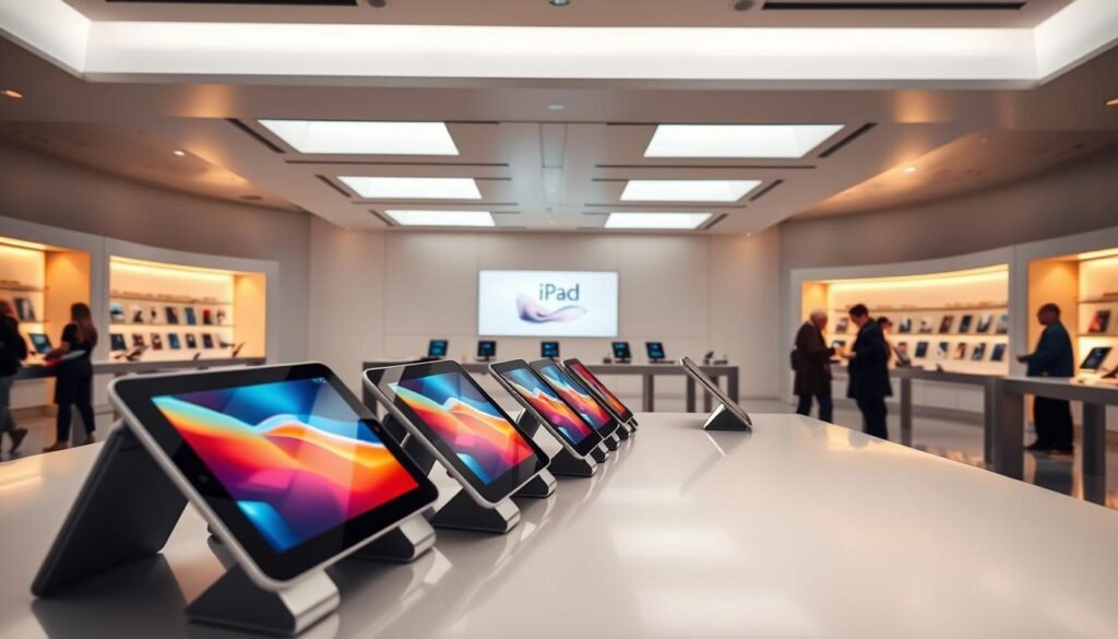 A sleek, modern iPad retail display in a well-lit, spacious showroom. Gleaming metal and glass surfaces reflect the warm, ambient lighting, creating a premium, high-tech atmosphere. In the foreground, a neatly arranged group of iPads showcases their vibrant displays and intuitive interfaces. Customers can interact with the devices, experiencing their power and versatility. In the middle ground, clean-lined shelving and display stands provide ample space to highlight the latest iPad models. The background features a minimalist, white-walled setting, allowing the technology to take center stage. An overall sense of sophistication, innovation, and Apple's commitment to seamless user experience permeates the scene.