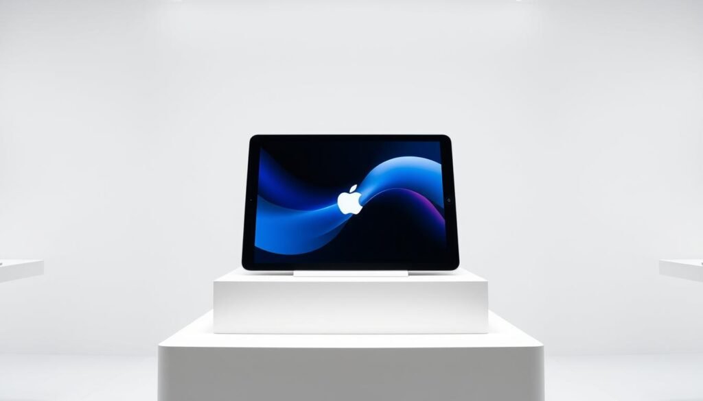 A sleek, modern iPad retail display showcasing the latest in powered technology. The iPad is positioned prominently on a minimalist, white podium, its screen illuminated with a crisp, high-resolution display. The lighting is soft and diffused, creating a sense of elegance and sophistication. The background is a clean, seamless white, allowing the device to take center stage. The camera angle is slightly elevated, giving the viewer a dynamic, high-end perspective. The overall atmosphere is one of innovation, precision, and a celebration of Apple's technological prowess.