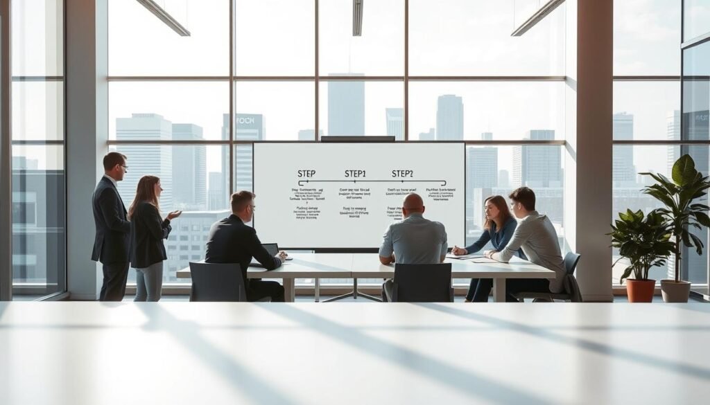 A sleek, modern office space with clean lines and natural light streaming in through large windows. In the foreground, a team of business professionals are gathered around a table, engaged in discussion and planning. The middle ground features a whiteboard with a step-by-step process outlined, representing the key stages of company formation. In the background, a city skyline can be seen, symbolizing the vibrant business environment. The scene conveys a sense of organization, collaboration, and the excitement of embarking on a new venture. Warm, neutral tones create a professional, yet approachable atmosphere.