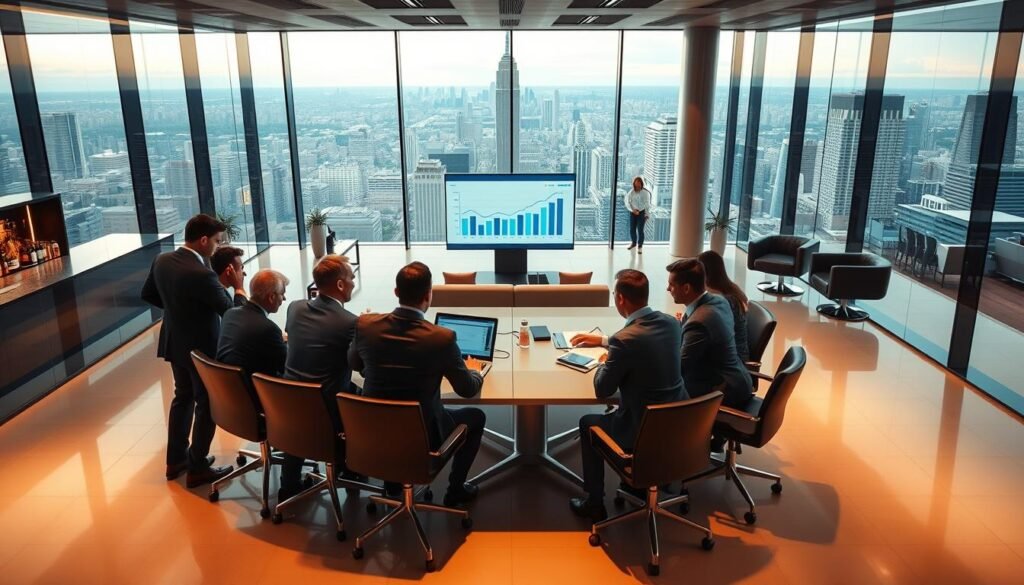 A sleek modern office with glass walls and an open floor plan. In the foreground, a group of business professionals in suits are gathered around a conference table, gesturing animatedly as they discuss financial projections displayed on a large screen. The middle ground features a well-stocked bar area and comfortable lounge seating, creating a relaxed atmosphere for casual meetings. The background shows a panoramic view of a bustling city skyline, conveying a sense of energy and opportunity. Warm, directional lighting accentuates the polished surfaces and creates dramatic shadows, while a shallow depth of field focuses the viewer's attention on the key figures and activities. The overall scene evokes an image of a thriving venture capital firm, poised to invest in the next big ideas.
