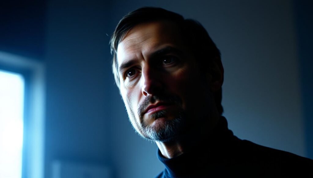 A solemn and contemplative portrait of Steve Jobs, the visionary co-founder of Apple, during the tumultuous years of 1985-1997 when he was exiled from the company he helped build. Captured in a dimly lit, moody setting, Jobs appears pensive, his face etched with a subtle melancholy, as he gazes off into the distance, lost in thought. The lighting casts dramatic shadows, creating a sense of isolation and introspection. The background is hazy and indistinct, allowing the viewer to focus solely on the subject's introspective expression and the weight of his experiences during this period of personal and professional turmoil.