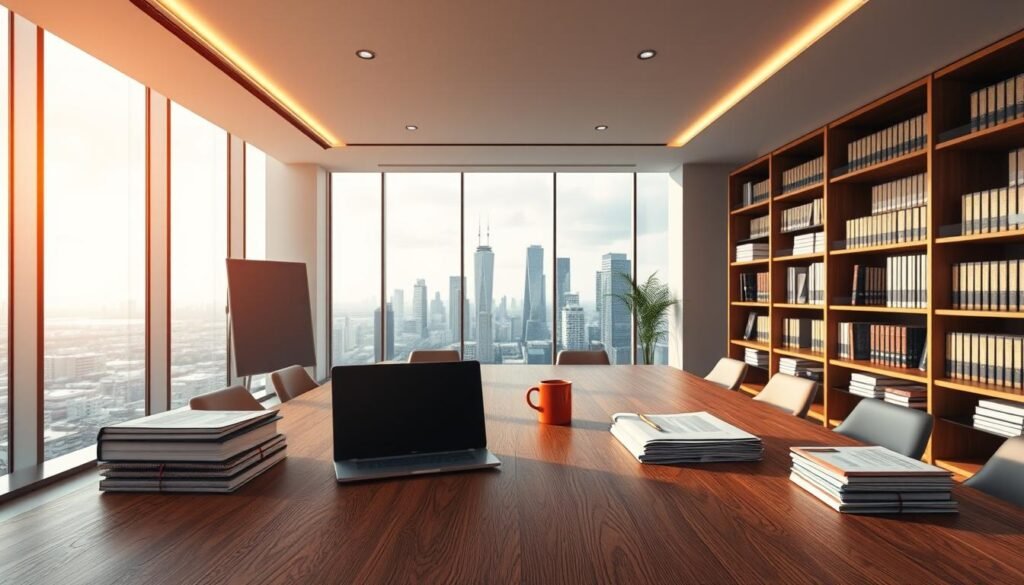 A spacious office interior with a sleek, modern aesthetic. A large wooden desk dominates the foreground, its surface adorned with a laptop, coffee mug, and neatly stacked legal documents. Bookshelves line the walls, their spines hinting at volumes on engineering regulations and legal frameworks. Warm, directional lighting casts a soft glow, creating a contemplative atmosphere. In the background, a large window offers a panoramic view of a bustling city skyline, symbolizing the global reach of the engineering consultancy. The overall scene conveys a sense of professionalism, expertise, and adherence to legal requirements in the engineering consulting industry.